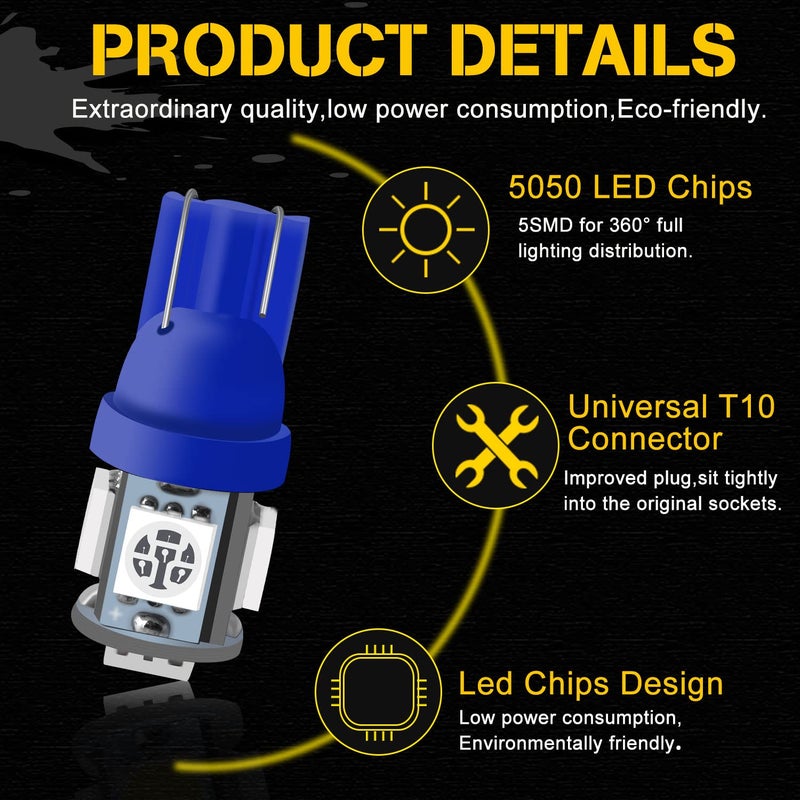 Qasim لمبة LED زرقاء قاسم 194، T10 W5W 2825 158 192 168 194 ويدج 5-SMD 5050 لمبة LED زرقاء فائقة لداخل السيارة 12V DC (عبوة من 10)  - Image 3